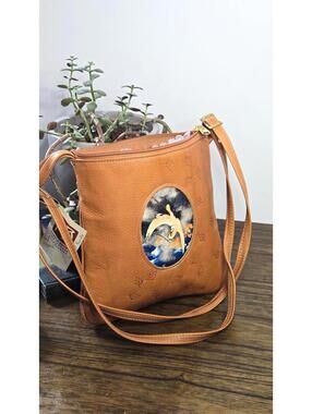 Handmade Brown Orange Purse with Artwork of a Crane Inlay, Pam Bronk